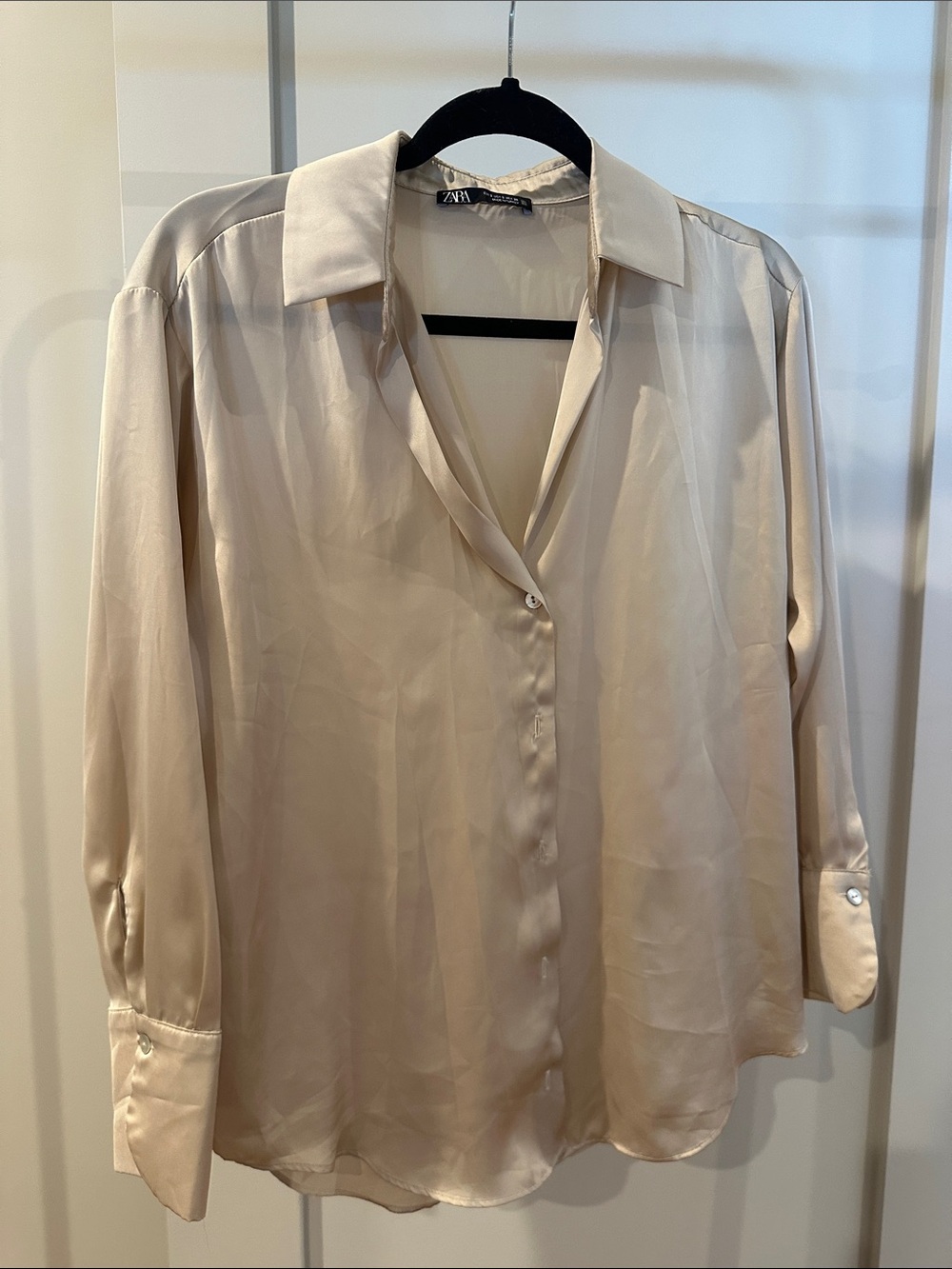 Zara Light Cream Satin Button-Up Blouse
